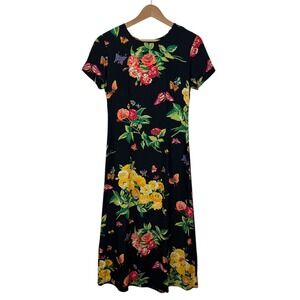 KC Spencer Vintage Floral Butterfly Print‎ Midi Dress Sz 6 Black Feminine Retro